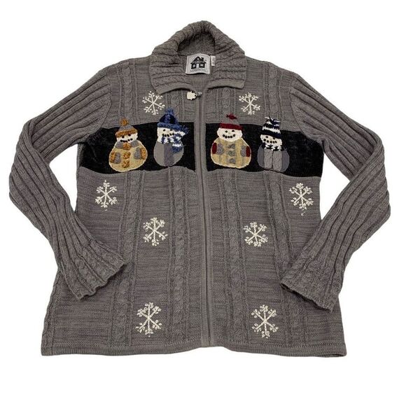 Storybook Knits Sweaters - Storybook Knits Cable Sweater M Gray Snowman Full Zip Cardigan Snowflakes